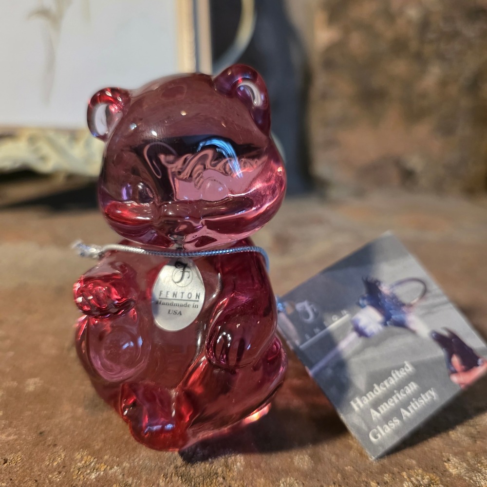Fenton Art Glass Pink Cranberry Sitting Bear Figurine Handmade USA NWT